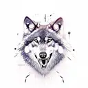 wolf with bloody teeth and a scar over his left eye, in the Background a dark forest with full moon tattoo design idea