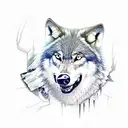 wolf with bloody teeth and a scar over his left eye, in the Background a dark forest with full moon tattoo design idea