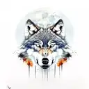 wolf with bloody teeth and a scar over his left eye, in the Background a dark forest with full moon tattoo design idea