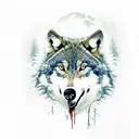 wolf with bloody teeth and a scar over his left eye, in the Background a dark forest with full moon tattoo design idea