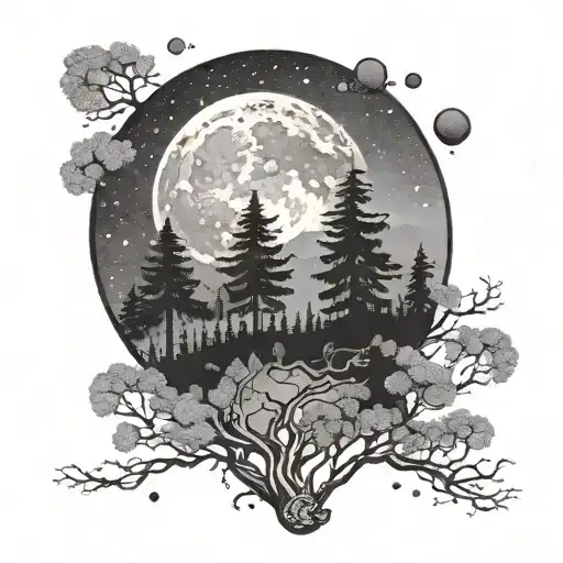 a moon in a night sky above a forest tattoo design idea