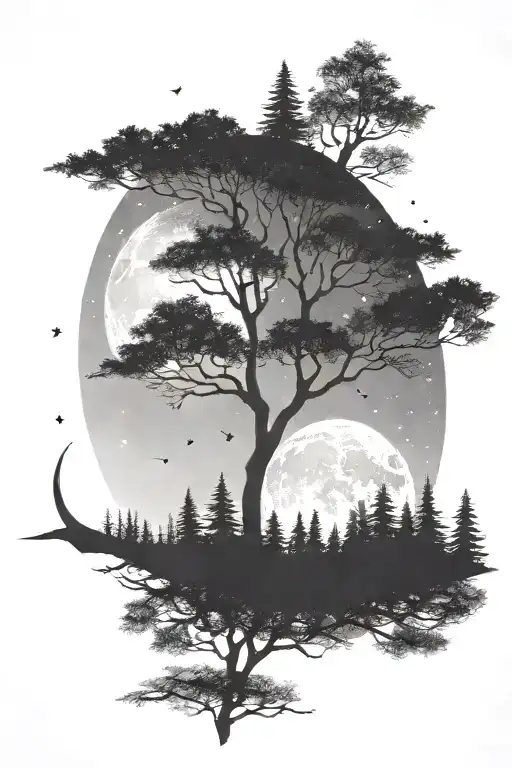 a moon in a night sky above a forest tattoo design idea
