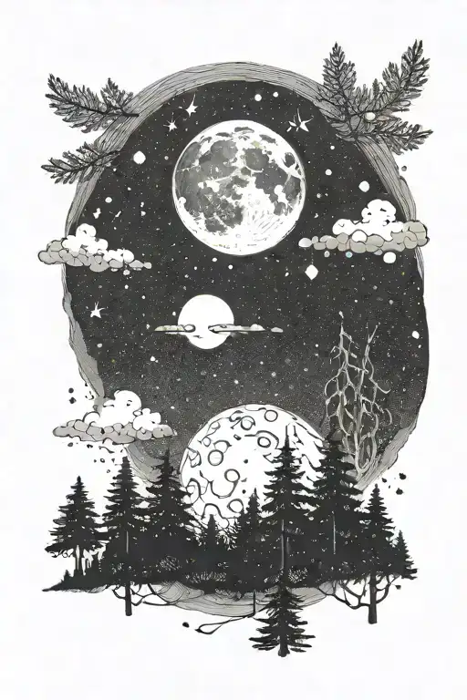 a moon in the night sky with a fir forest tattoo design idea