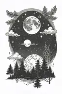 a moon in the night sky with a fir forest tattoo design idea