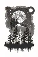 a moon in the night sky with a fir forest tattoo design idea