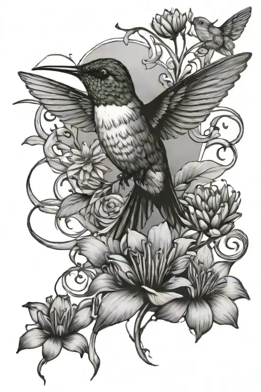 hummingbird surrounded by water lily's, asters, violets, and vines. all with and large line border tattoo design idea