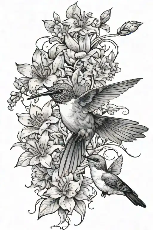 hummingbird completely surrounded by flowers, water lily's, asters, violets, and vines tattoo design idea