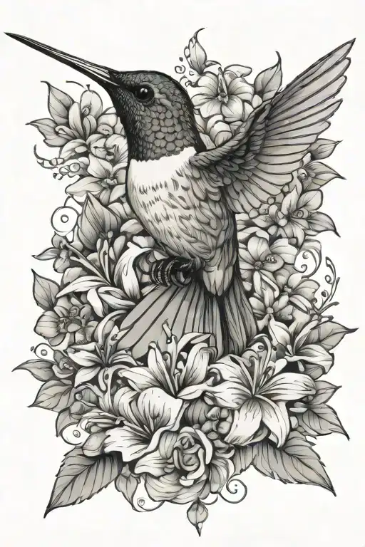 humming bird surrounded by flowers tattoo design idea