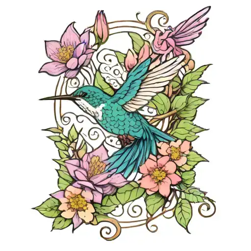 hummingbird surrounded by water lily's, asters, violets, and vines. all with and large line border tattoo design idea