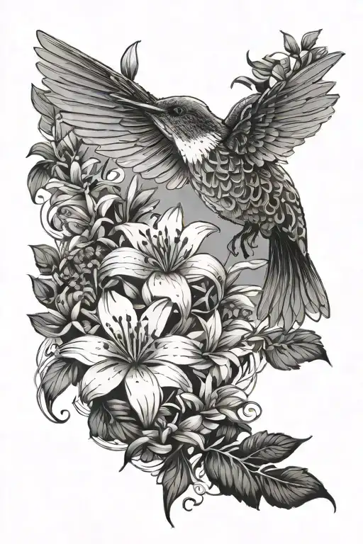 one hummingbird completely surrounded by flowers, water lily's, asters, violets, and vines tattoo design idea