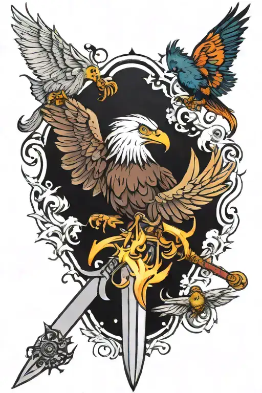 School sword, fire, bald eagle guns, butterfly, fish tattoo design idea