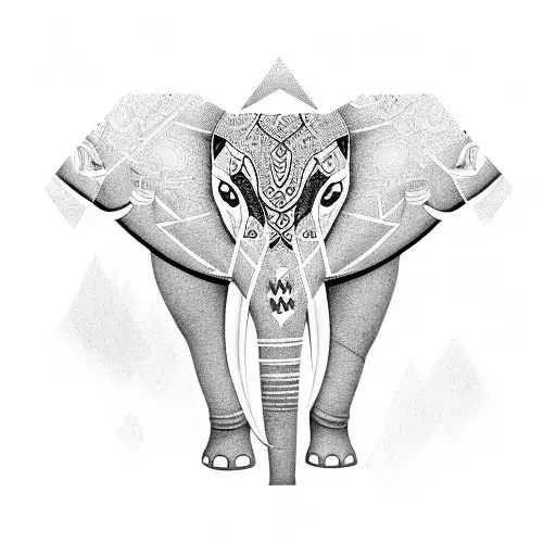 An elephant made up of intricate patterns and symbols related to psychology and Carl Jung's theories tattoo design idea