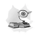 A bookshelf filled with books about Carl Jung and psychology, with a magnifying glass highlighting one specific book tattoo design idea