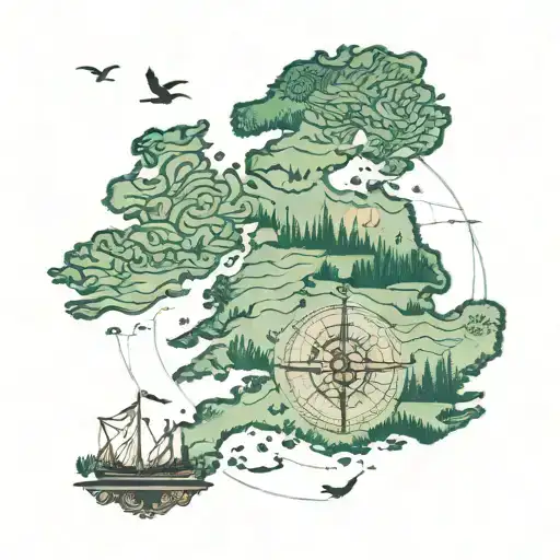 I want a very similar minimalist tattoo to this with a map of Ireland, compass at the Roscommon point, a small crane as  tattoo design idea