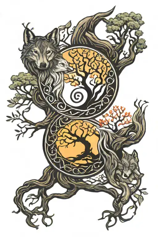 yin yang symbol merging wolf howling tree of life intertwined tattoo design idea