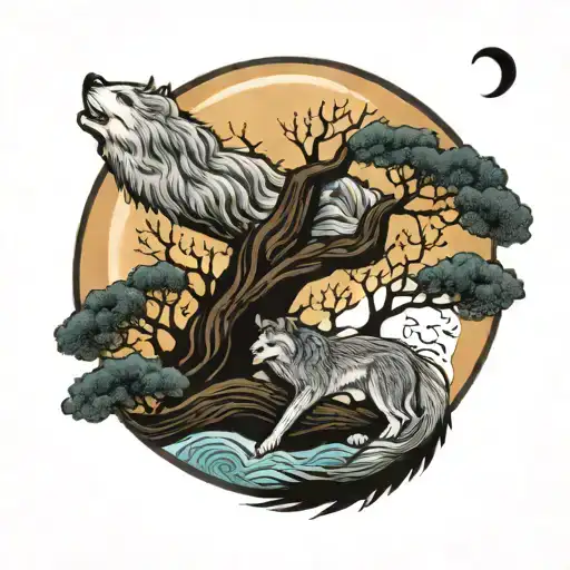 tree of life yin yang wolf howling at the moon tattoo design idea