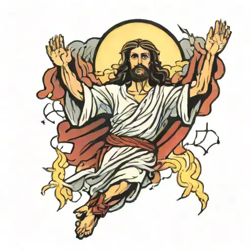 jesus rising from the tomb with flashing lights and a storm behind him tattoo design idea