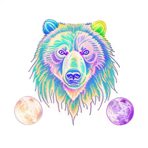 color grizzly bear green blue pink purple orange black pine trees full moon tattoo design idea
