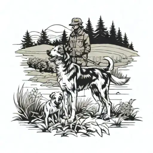 A blackwork tattoo of a loyal dog standing proudly next to its owner in a hunting field tattoo design idea