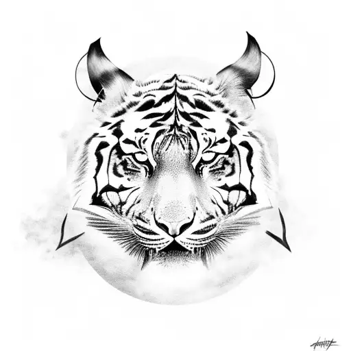 A fierce tiger snarling surrounded by a swirling black and grey heavy metal design tattoo design idea