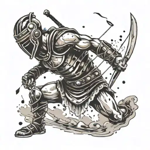A modern twist on a gladiator fighting in an arena, with elements of different sports equipment scattered around the design tattoo design idea