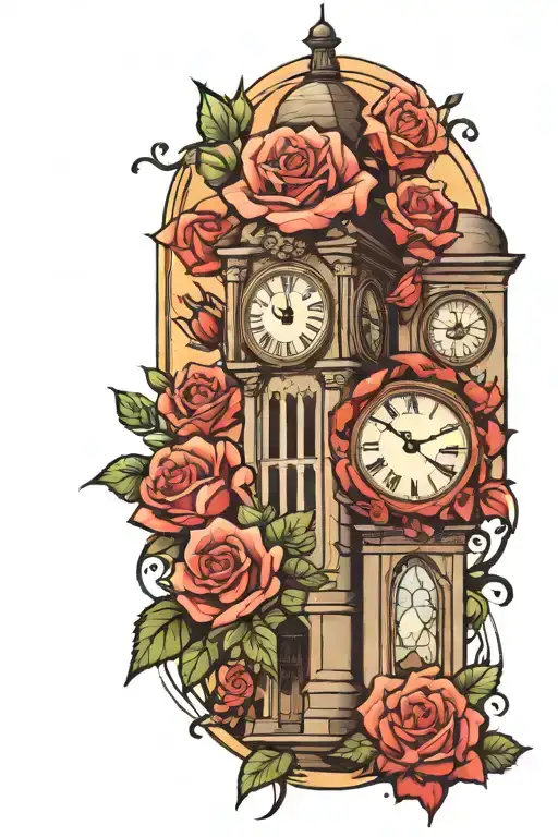 Rose garden with walk path to clock tower surrounded by flowers tattoo design idea