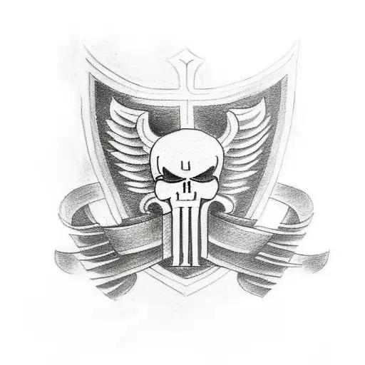 arm tattoo with the punisher symbol, the phoenixes,the catholic cross, and angient symbols  for freedom good luck, prosp tattoo design idea