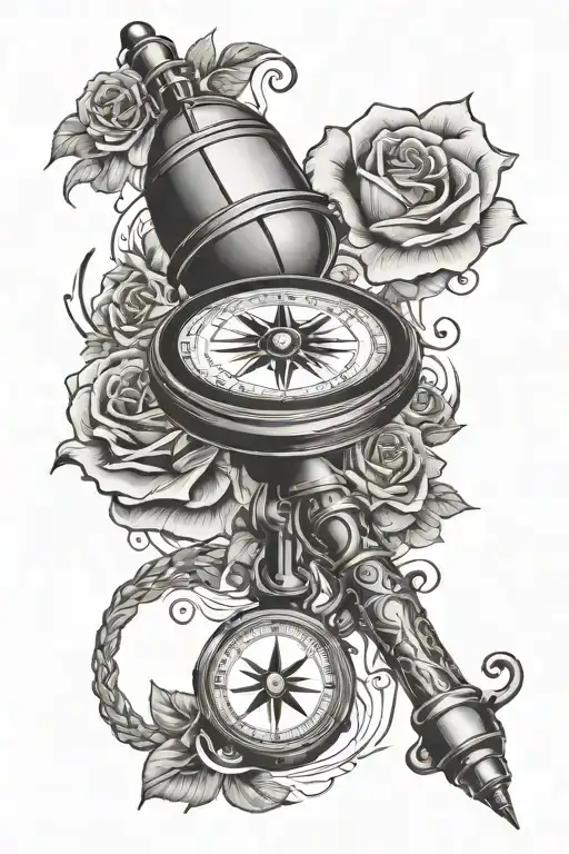 compass and clouds and roses and microphone intertwined tattoo design idea
