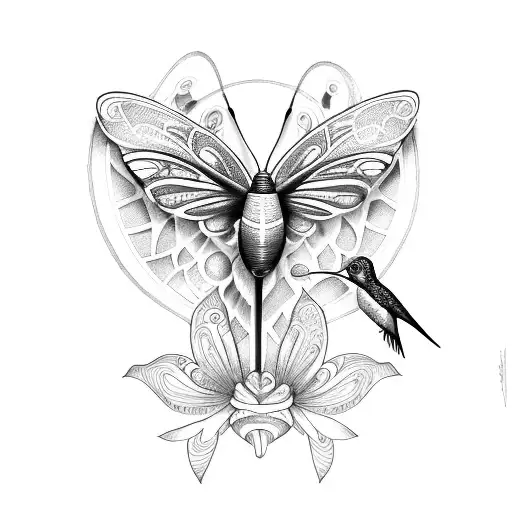 a purply lily with a hummingbird and a butterfly tattoo design idea
