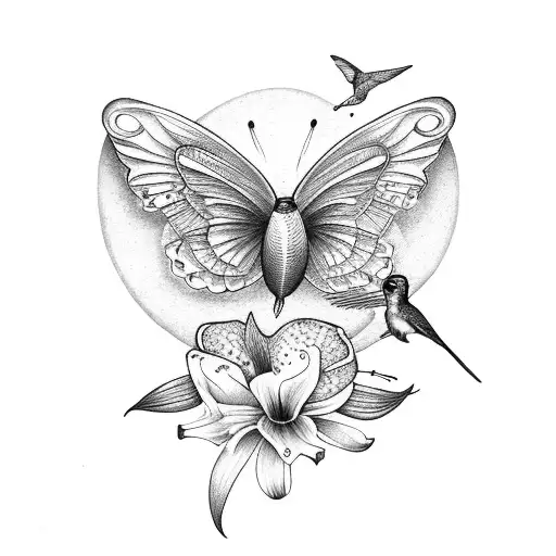 a purply lily with a hummingbird and a butterfly tattoo design idea