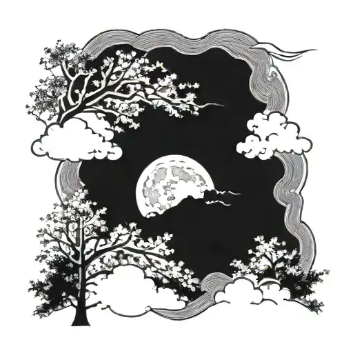 night sky with trees, moon and lightning showing tattoo design idea