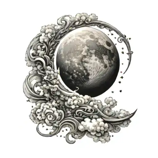 crescent moon surrounded by clouds and sparkly stars tattoo design idea