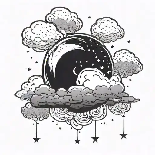 crescent moon surrounded by clouds and sparkly stars tattoo design idea