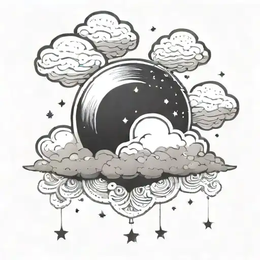 crescent moon surrounded by clouds and sparkly stars tattoo design idea