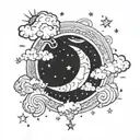 crescent moon surrounded by clouds and sparkly stars tattoo design idea