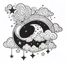 crescent moon surrounded by clouds and sparkly stars tattoo design idea