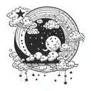 crescent moon surrounded by clouds and sparkly stars tattoo design idea