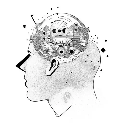 overthinking concept. exploded head with vinyl records like in space, include some analog camera and film. maybe some mo tattoo design idea