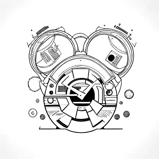 overthinking concept. exploded head with vinyl records like in space, include some analog camera and film. maybe some mo tattoo design idea