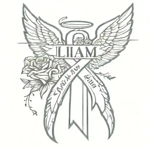 memorial tattoo with mens mental health ribbon with wings and the name liam with the dates 08:05:00 to 01:01:23 tattoo design idea