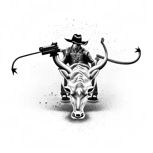 An operator riding a mechanical bull with guns and roses in a black-grey style tattoo design idea