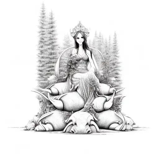 A beautiful wife sitting on a throne made of bull horns, surrounded by cypress trees and moss in a sketch style tattoo design idea
