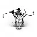 An operator riding a mechanical bull with guns and roses in a black-grey style tattoo design idea