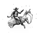 An operator riding a mechanical bull with guns and roses in a black-grey style tattoo design idea