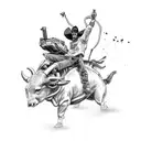 An operator riding a mechanical bull with guns and roses in a black-grey style tattoo design idea