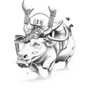 An operator riding a mechanical bull with guns and roses in a black-grey style tattoo design idea