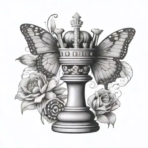 Queen Chess with crown, butterfly and tulip tattoo design idea