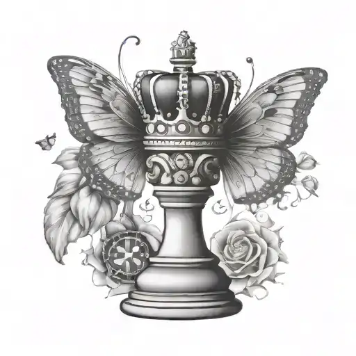 Queen Chess with crown, butterfly and tulip tattoo design idea