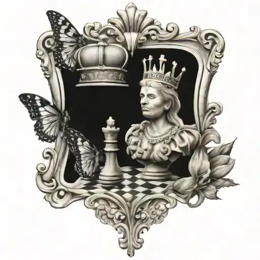 Long Queen Chess with crown, butterfly and tulip, all in the queen chess tattoo design idea