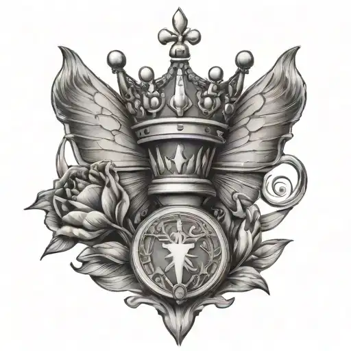 Queen Chess with crown, butterfly and tulip tattoo design idea